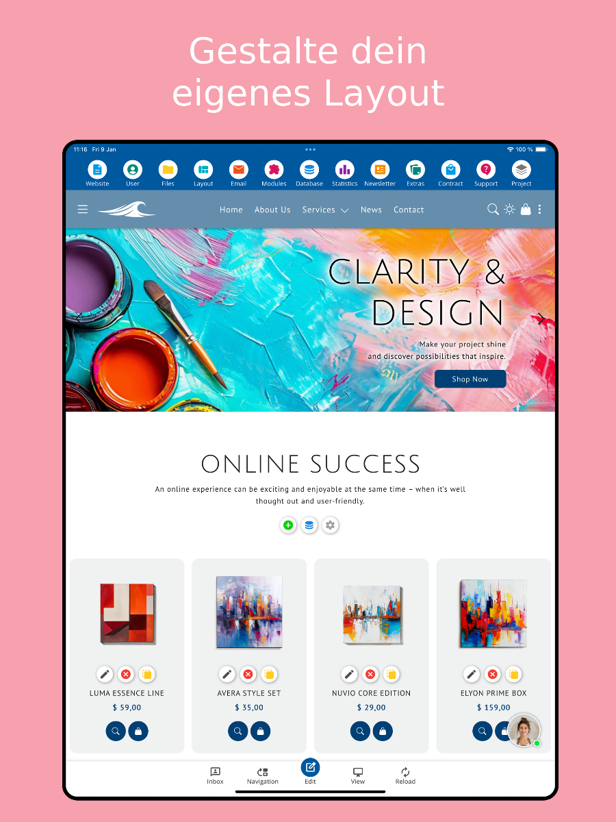 Layout Editor der Website Builder App – Tablet Ansicht