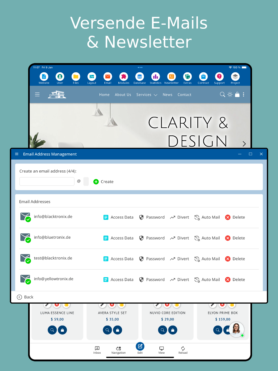 Newsletter Versand über die App – Tablet Ansicht