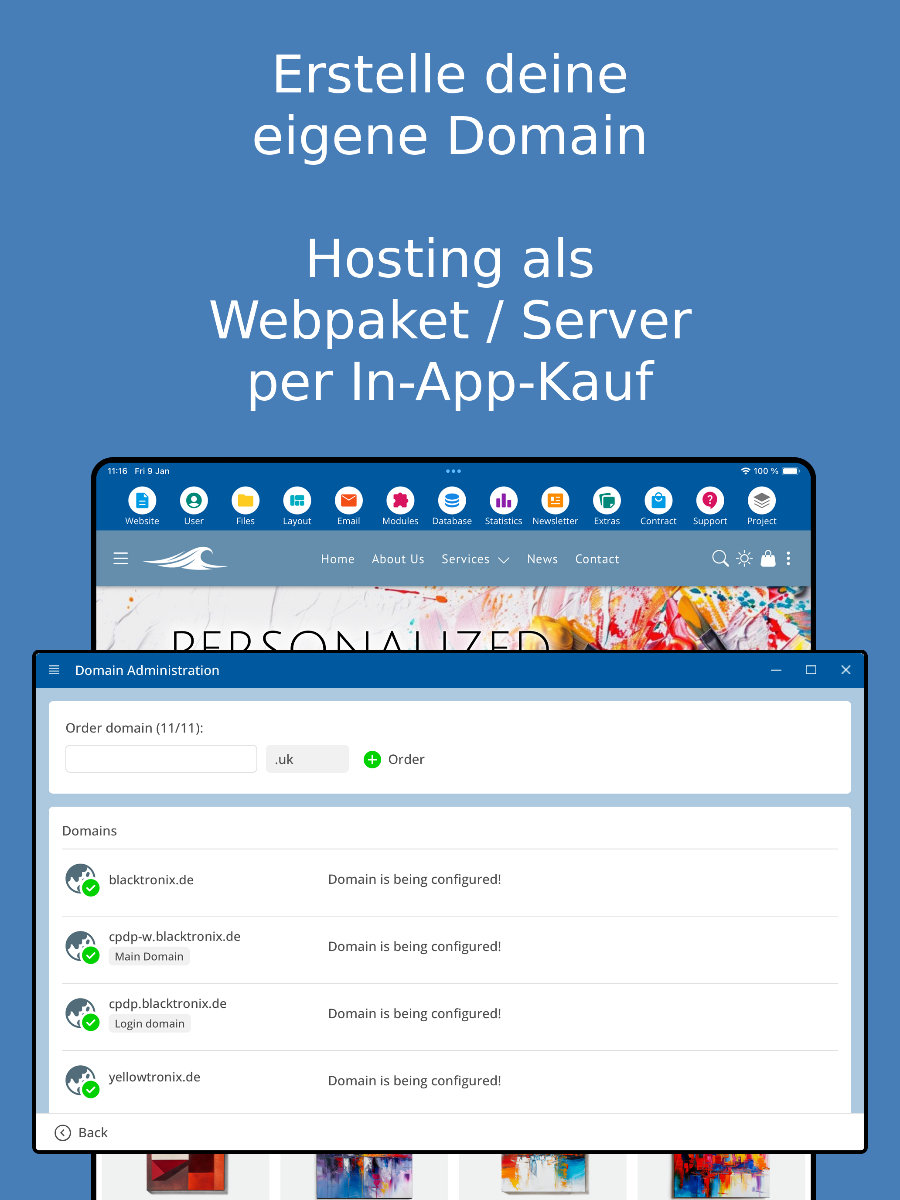 Domain-Verwaltung in der App – Tablet Screenshot