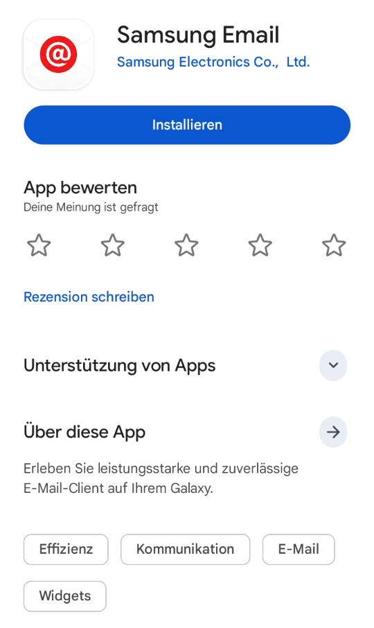Google Play Store mit dem Eintrag der Samsung E-Mail App und der Möglichkeit, die App zu installieren