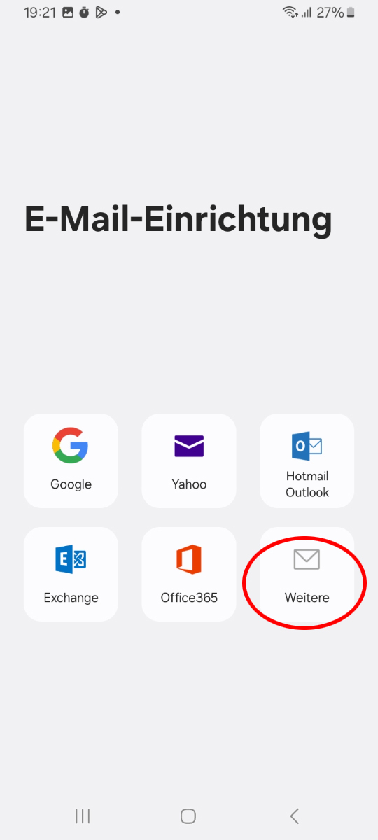 Samsung E-Mail App mit geöffneten Einstellungen, der Option Konto hinzufügen und der Auswahl Weitere für zusätzliche Kontotypen