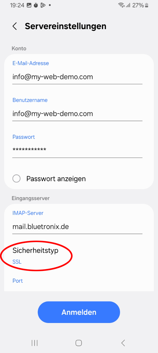 Samsung E-Mail App mit geöffnetem Bereich für die Servereinstellungen und der Auswahl des Sicherheitstyps