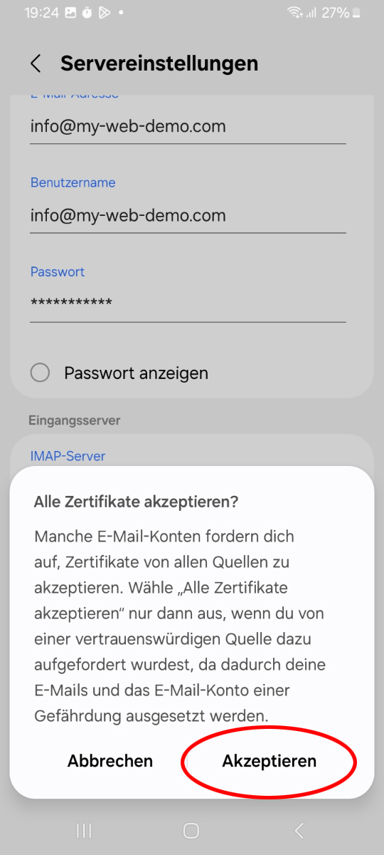 Sicherheitsabfrage der Samsung E-Mail App, die nach der Auswahl von SSL alle Zertifikate akzeptieren bestätigt werden muss