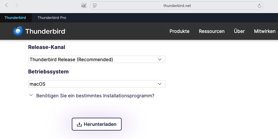 Thunderbird-Webseite auf dem Mac mit Download-Bereich zum Herunterladen des E-Mail-Programms