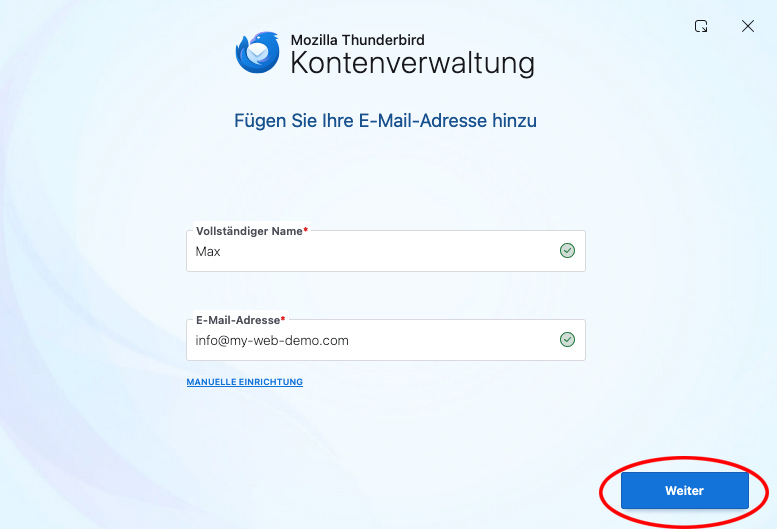 Thunderbird-Kontoeinrichtung auf dem Mac mit Eingabefeldern für Namen und E-Mail-Adresse