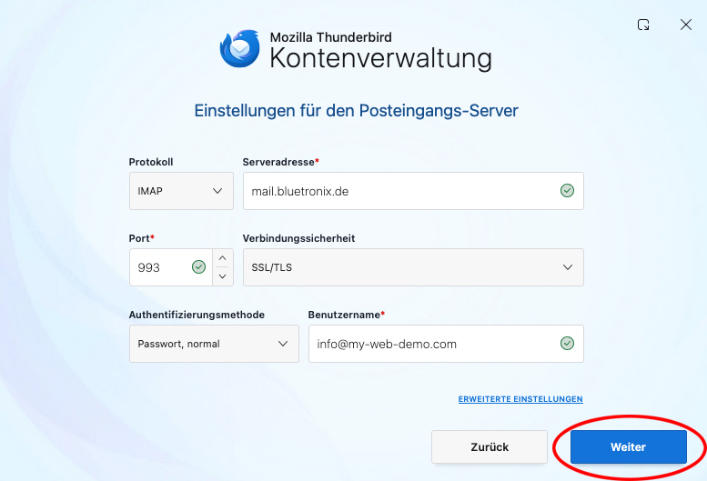 Thunderbird-Kontoeinrichtung mit manuell eingetragenen IMAP-Daten für den Posteingang