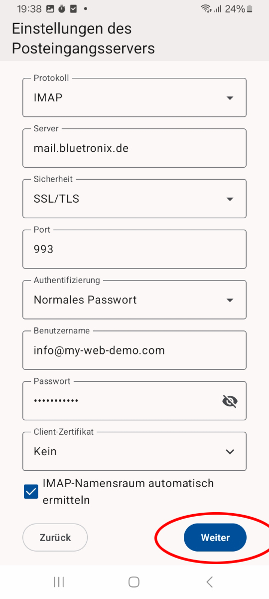 Manuelle Eingabe der IMAP-Daten in Thunderbird auf Android