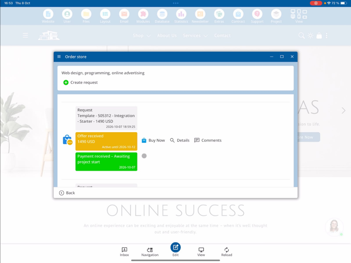 Menü Contract, Order Store und Create Request